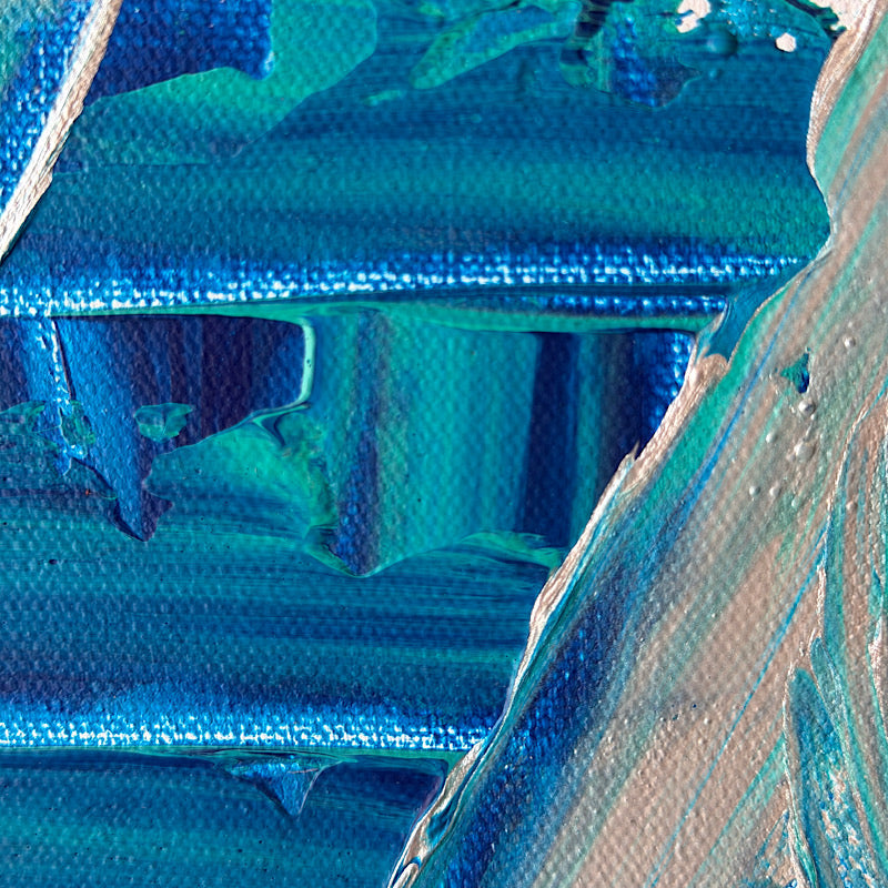 Little Ocean 03, original acrylic painting by Clara Woods, 14x14 in, 2026 — close-up detail of sweeping teal and green brushstrokes resembling underwater kelp and ocean currents