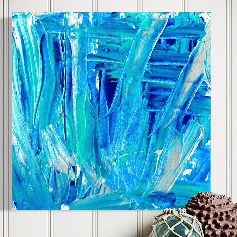 Little Ocean 03, full canvas detail showing sweeping teal, cobalt blue and green vertical brushstrokes with thick impasto texture