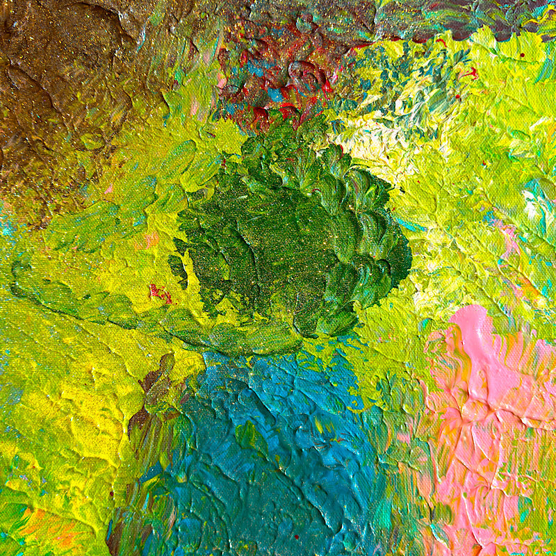 Little Ocean 04, original acrylic painting by Clara Woods, 12x12 in, 2026 — close-up detail of olive green, chartreuse and brown earthy brushstrokes with gold glitter shimmer