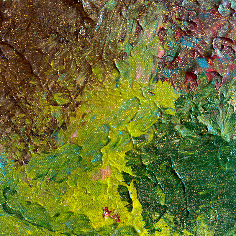 Little Ocean 04, close-up detail showing forest green, chartreuse, teal blue and hot pink impasto brushstrokes with gold glitter highlights