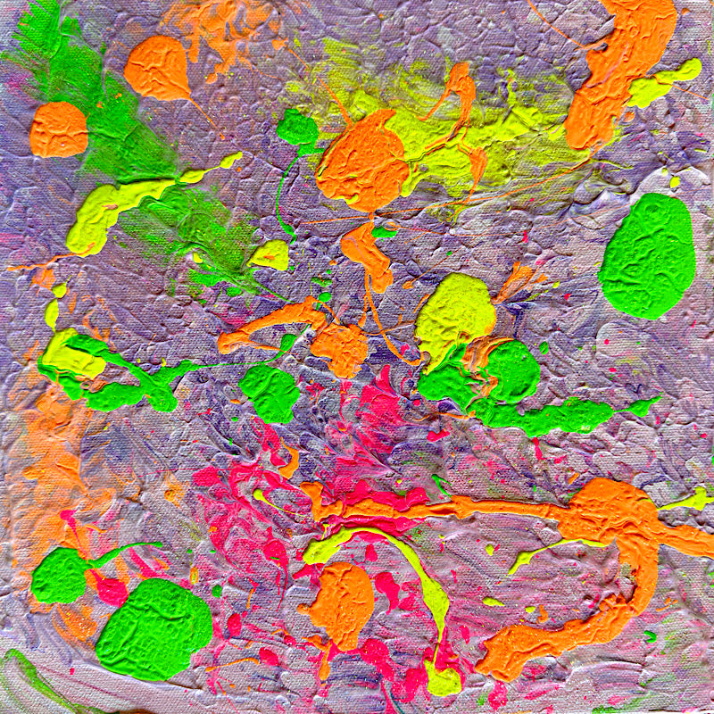 Little Ocean 05, original acrylic painting by Clara Woods, 12x12 in, 2026 — full canvas on white paneled wall with coastal decor, lavender base with neon green, orange and pink impasto blobs
