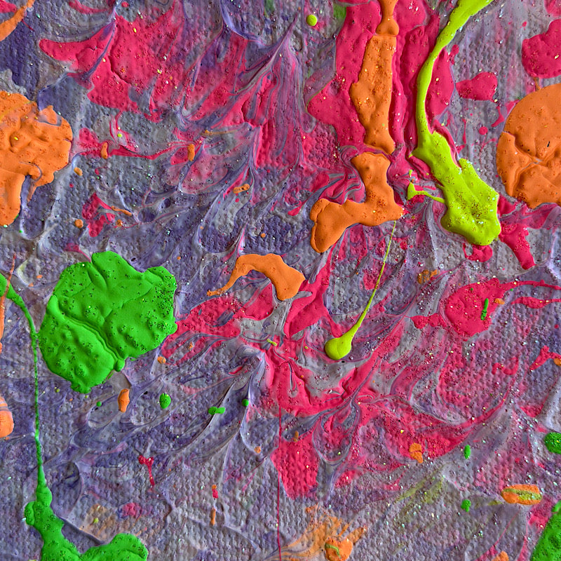 Little Ocean 05, close-up detail of upper left quadrant showing orange, neon green, chartreuse yellow impasto blobs on lavender textured background