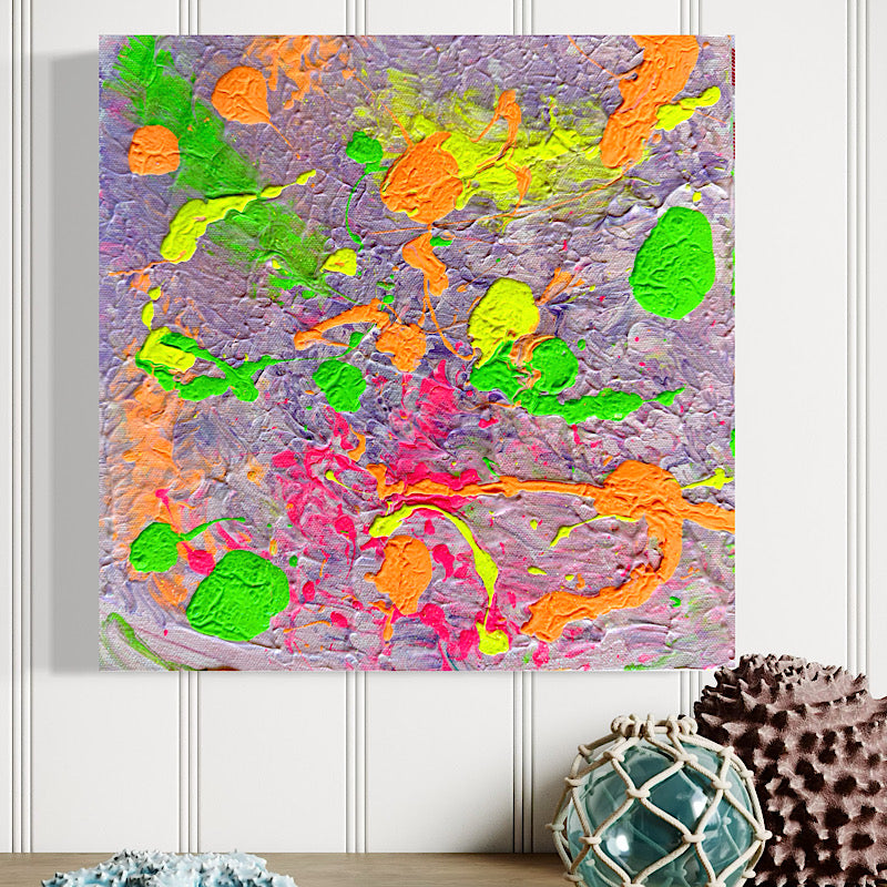 Little Ocean 05, side view of canvas showing neon green and orange painted edges on red checkered tablecloth in studio