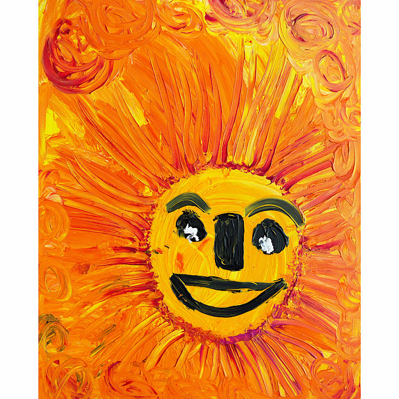 Sunny, Original by Clara Woods — 30x24 in acrylic on canvas, smiling sun painting displayed on a light grey wall above a wooden shelf with paint brushes