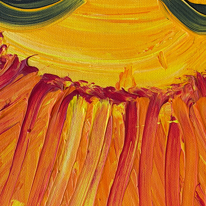 Sunny, Original by Clara Woods — close-up front view of the smiling sun face, bold orange and yellow tones, textured acrylic brushstrokes