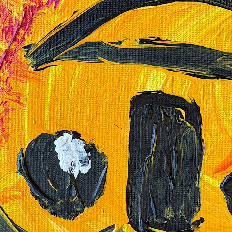 Sunny, Original by Clara Woods — full canvas view on white background, vibrant orange sun with expressive face and swirling background