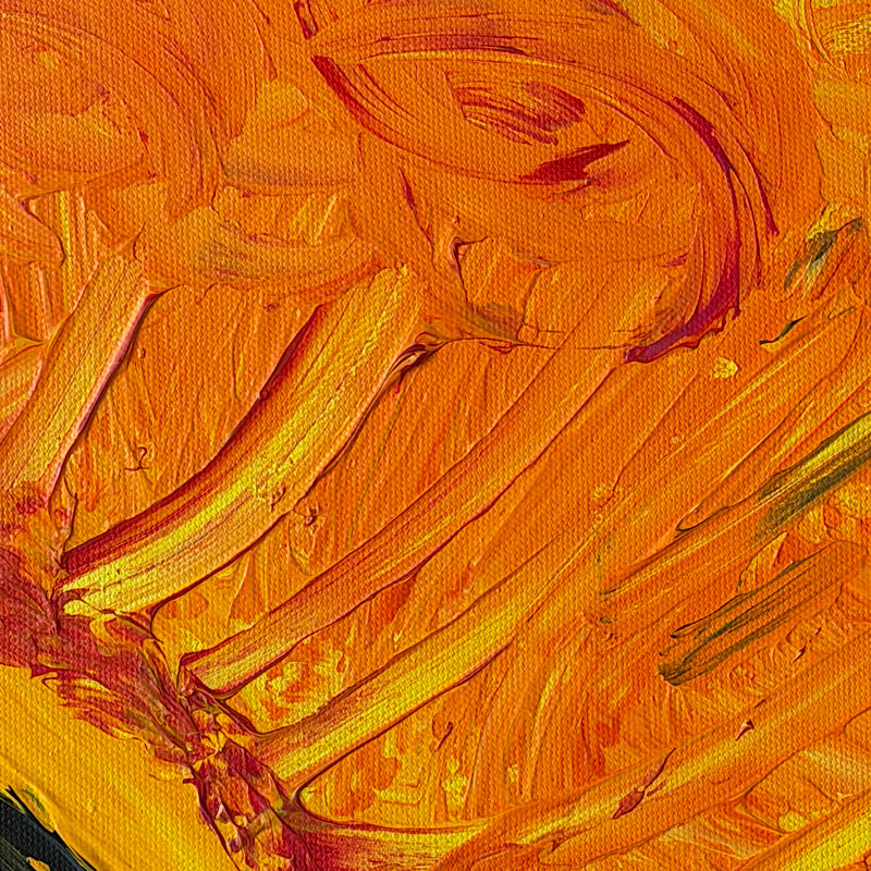 Sunny, Original by Clara Woods — square crop showing the full painting, rich orange, red and yellow palette with dynamic brushwork