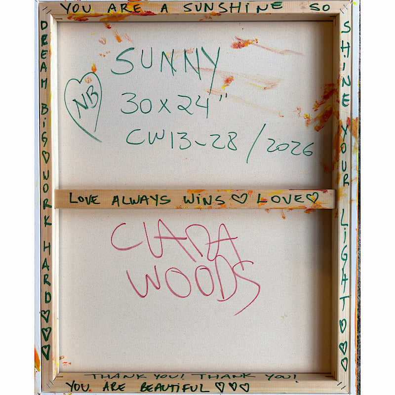 Sunny, Original by Clara Woods — detail of the sun rays, thick impasto acrylic strokes in orange, red and yellow