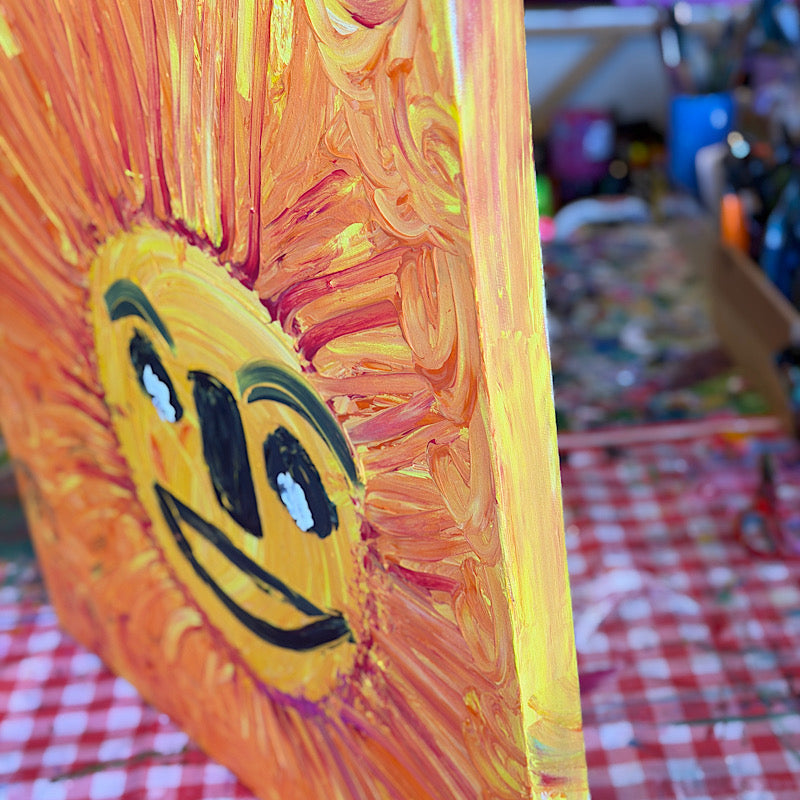 Sunny, Original by Clara Woods — close-up detail of the sun face eyes and eyebrows, bold black brushstrokes on yellow