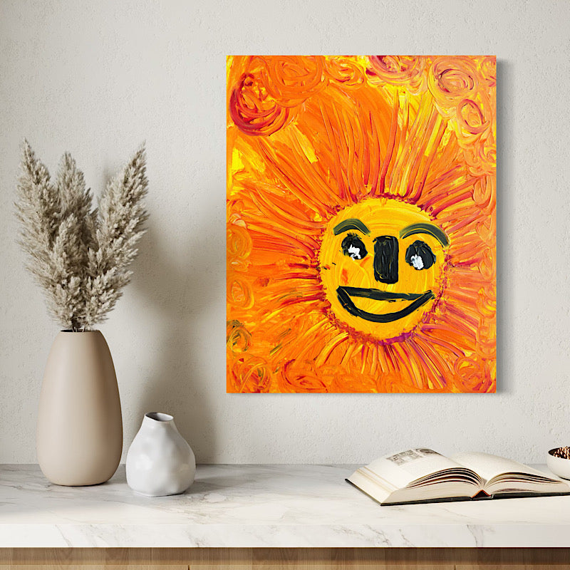 Sunny, Original by Clara Woods — texture detail of the orange background, swirling acrylic paint with deep red and golden tones