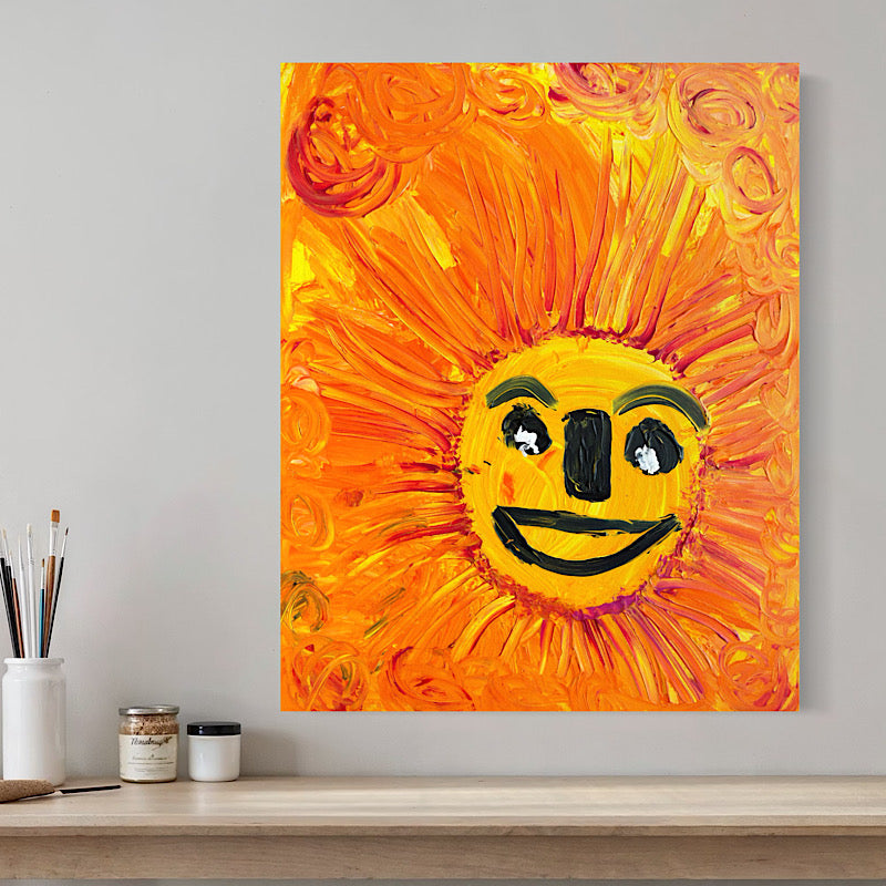 Sunny, Original by Clara Woods — macro detail of the canvas texture, layered orange and red acrylic paint with visible brushstroke depth