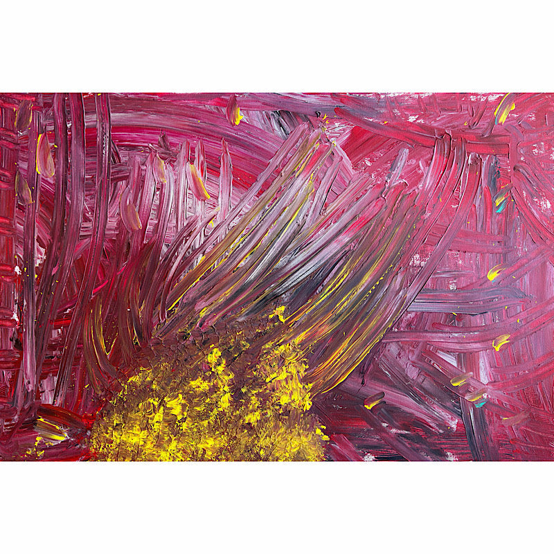 Coral, Original by Clara Woods — 24x36 in acrylic on canvas, full painting displayed on a light grey wall above a wooden shelf with paint brushes and jars