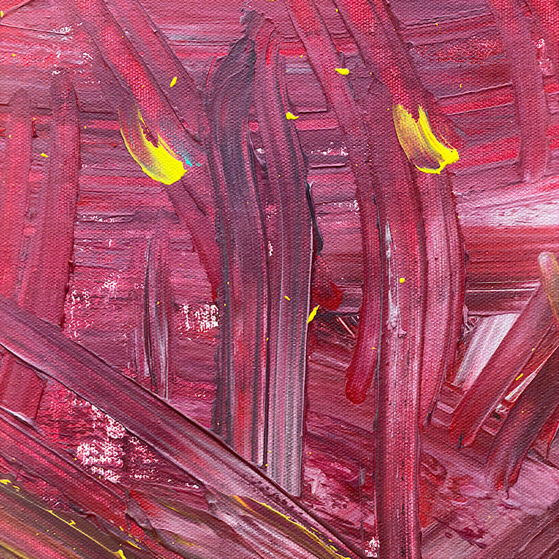 Coral, Original by Clara Woods — 24x36 in acrylic on canvas, displayed above a bed with yellow headboard and grey patterned pillows, bedroom setting
