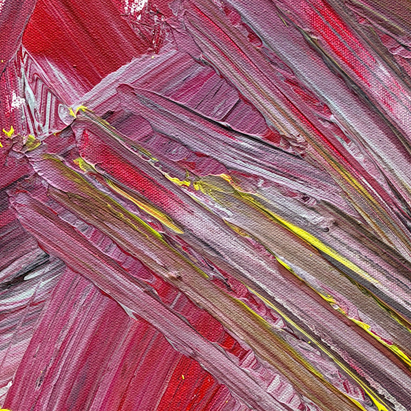 Coral, Original by Clara Woods — close-up detail of the canvas texture, deep crimson and magenta acrylic brushstrokes with golden yellow accents