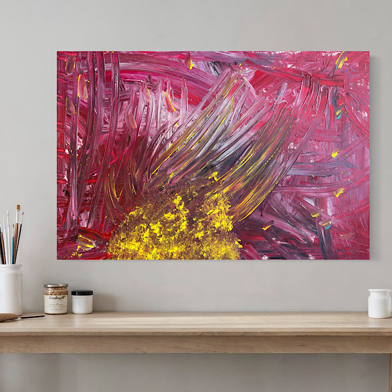 Coral, Original by Clara Woods — detail of the lower section of the painting, bold yellow gold burst against deep crimson and purple strokes