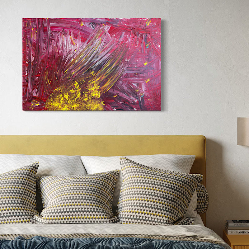 Coral, Original by Clara Woods — close-up of the upper left corner, layered red and pink acrylic with white highlights and textured brushwork