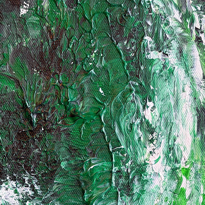 Atlantic, Original by Clara Woods — side view of the canvas in the studio, showing the depth of the emerald green and teal paint on the edges