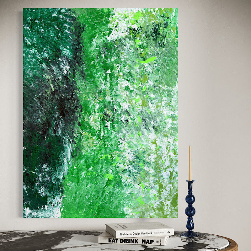Atlantic, Original by Clara Woods — macro detail of the upper section, layered dark forest green and bright lime green acrylic with white highlights