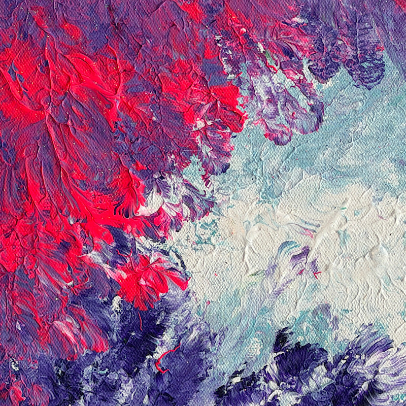 Pacific, Original by Clara Woods — side view of the canvas in the studio, showing the teal painted edges and the depth of the purple, magenta and red acrylic layers