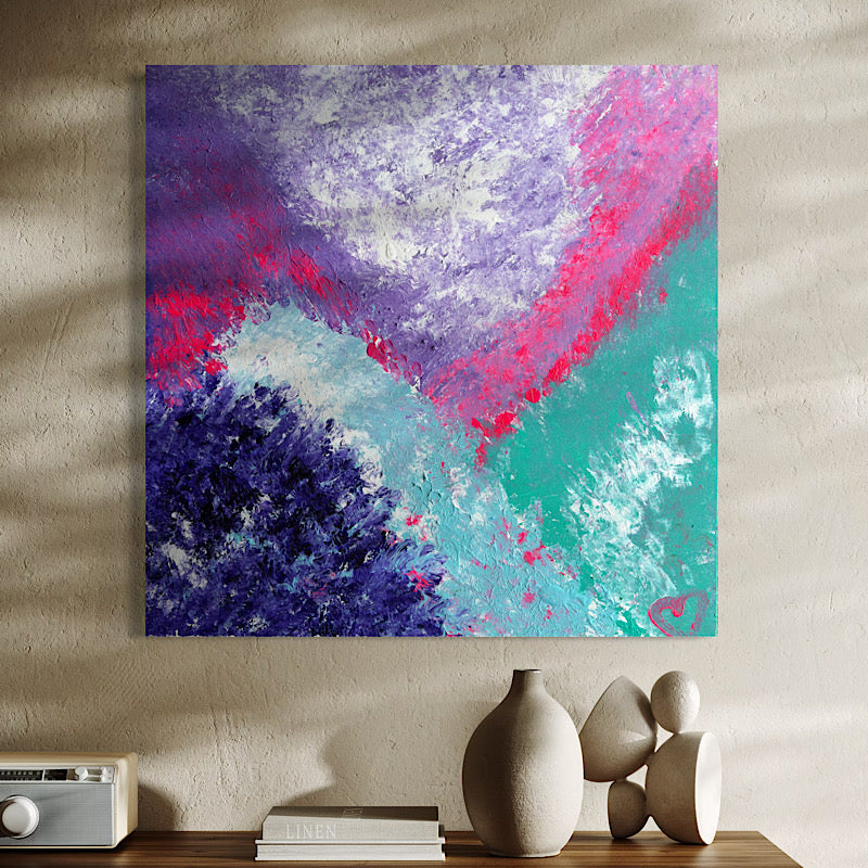 Pacific, Original by Clara Woods — macro detail of the lower left section, deep navy and indigo impasto brushstrokes with white highlights and magenta splashes