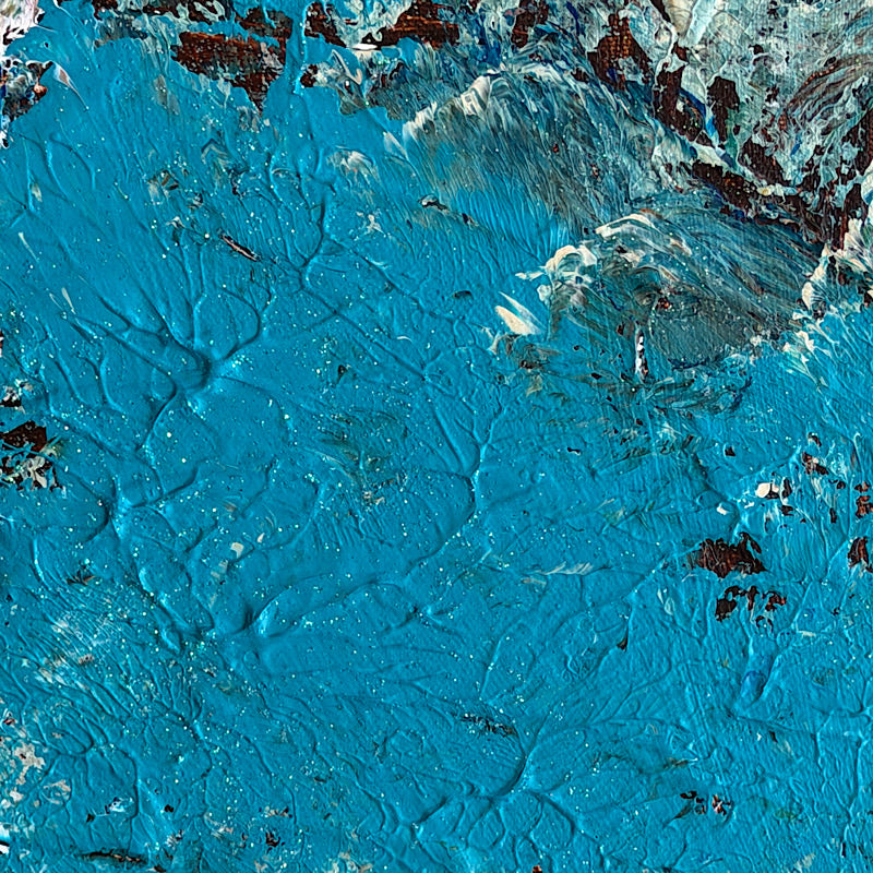 Deep Sea, Original by Clara Woods — 28.5x24 in acrylic on canvas, full painting on white background showing bold crimson red upper half and vibrant teal lower half with white wave-like center