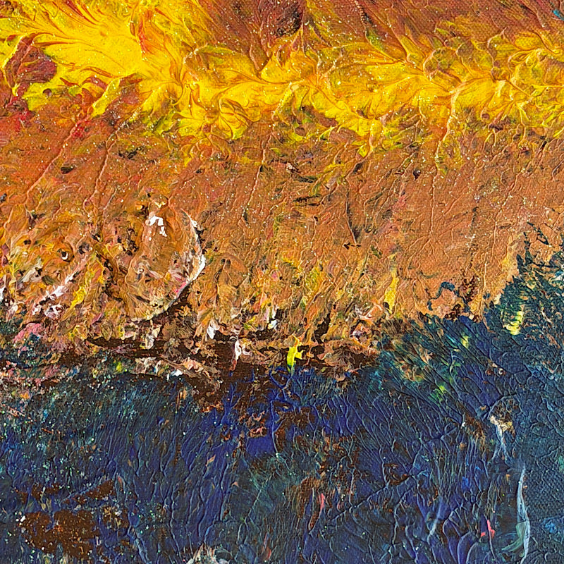 Deep Sea, Original by Clara Woods — displayed on a white wall next to a white shelving unit with books and a gold globe lamp, modern home office setting