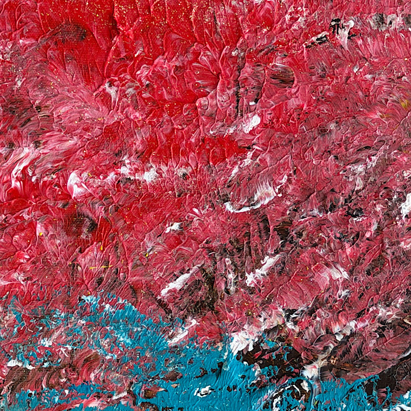 Deep Sea, Original by Clara Woods — close-up texture detail of the crimson red upper section, thick impasto acrylic brushstrokes with pink and white highlights