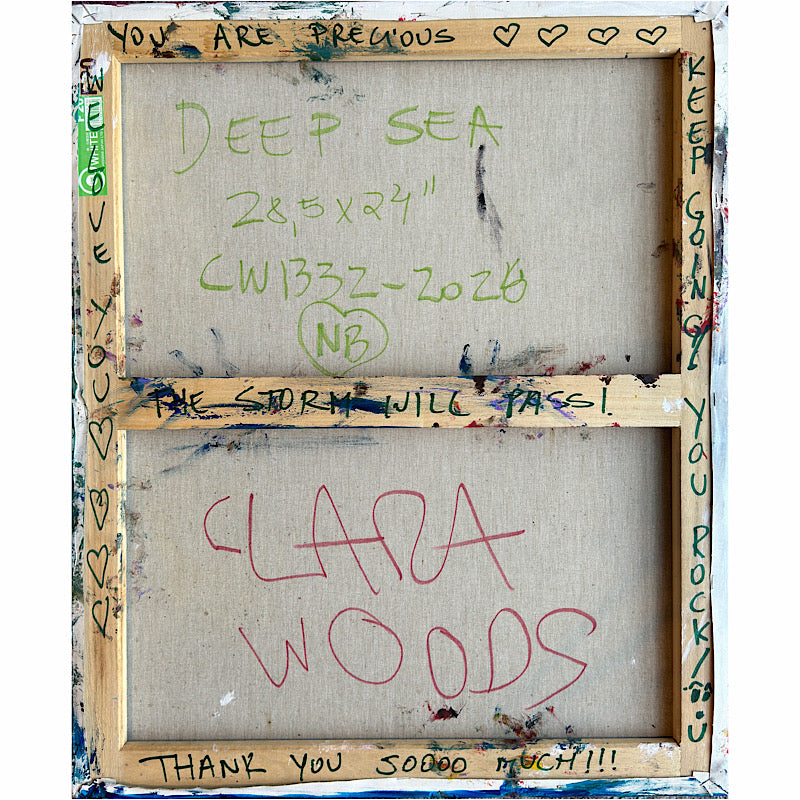 Deep Sea, Original by Clara Woods — macro detail of the transition zone between crimson red and teal, showing layered brushwork and white wave-like strokes