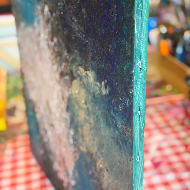 Deep Sea, Original by Clara Woods — close-up of the teal lower section, bold turquoise and dark navy acrylic with white foam-like highlights