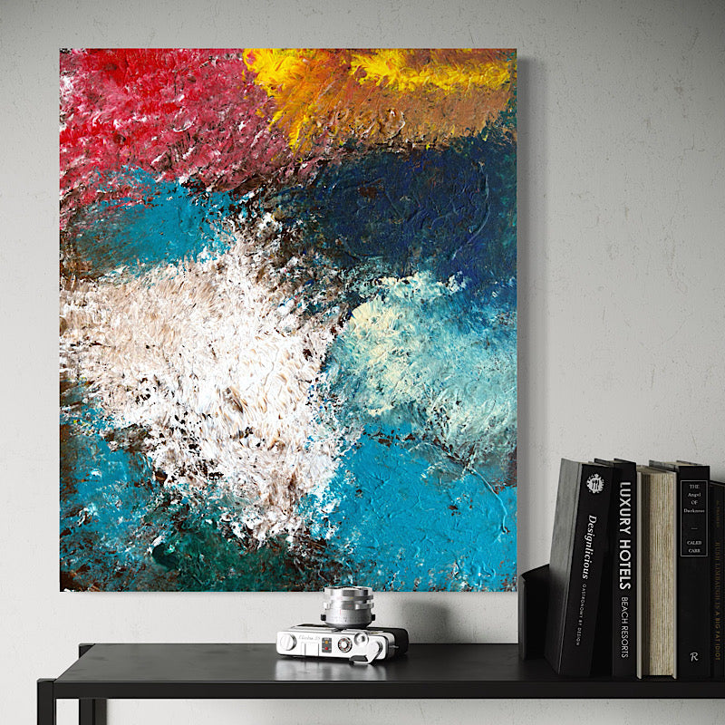 Deep Sea, Original by Clara Woods — macro detail of the upper left crimson section, rich red and magenta impasto strokes with gold glitter accents