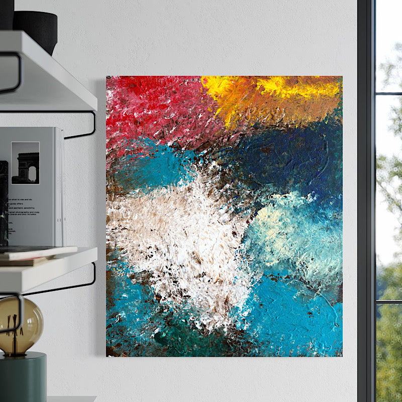 Deep Sea, Original by Clara Woods — macro detail of the white center burst, thick impasto white acrylic strokes surrounded by teal and dark navy
