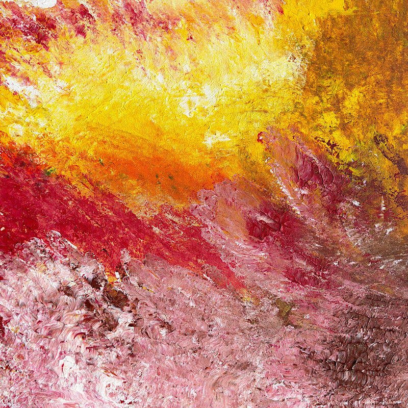 Ocean Breeze, Original by Clara Woods — 24x29 in acrylic on canvas, full painting showing golden yellow upper section bursting into crimson red and blush pink waves below