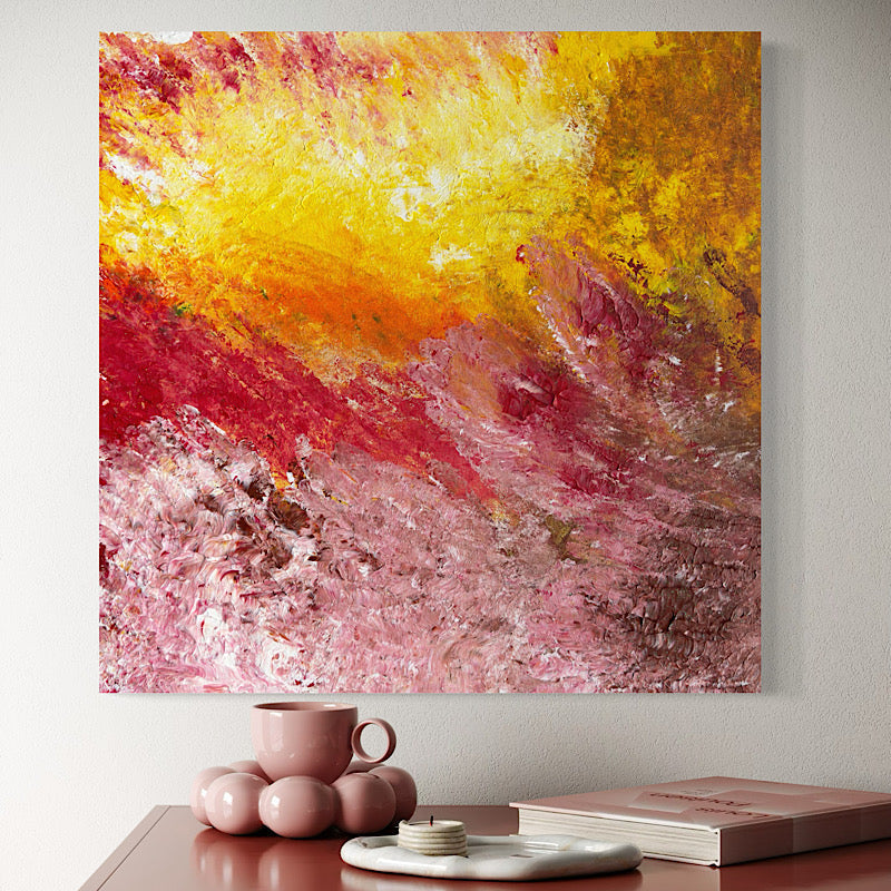 Ocean Breeze, Original by Clara Woods — close-up texture detail of the blush pink lower section, thick impasto acrylic brushstrokes with white and crimson highlights