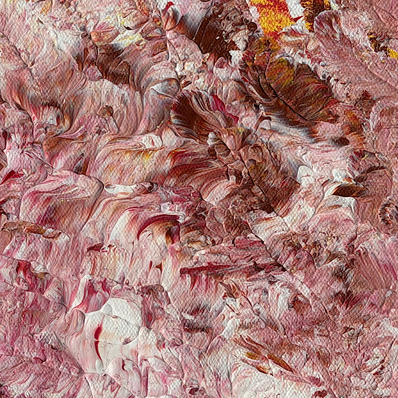 Ocean Breeze, Original by Clara Woods — side view of the canvas in the studio on a checkered tablecloth, showing the golden yellow painted edges and depth of the layered acrylic