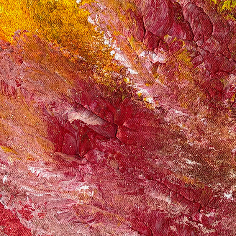 Ocean Breeze, Original by Clara Woods — close-up of the transition zone between golden yellow and crimson red, swirling impasto brushstrokes with white highlights