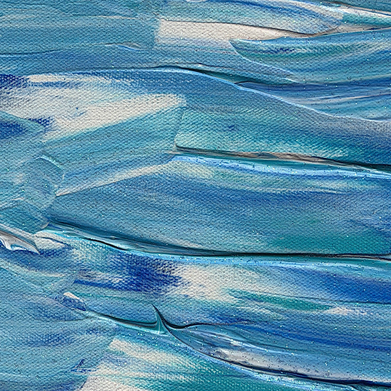 Beach, Original by Clara Woods — 16x20 in acrylic on canvas, full painting on white background showing bold sky blue and teal vertical impasto brushstrokes with white highlights