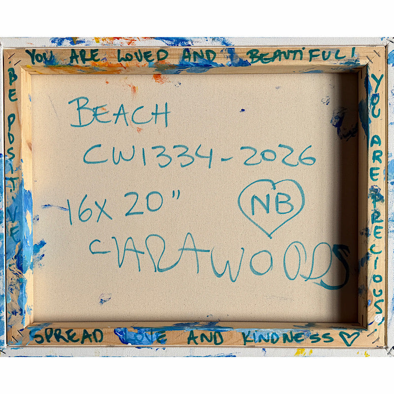 Beach, Original by Clara Woods — displayed on a white wall above a dark wooden desk with pencil holder, notebooks and an orange retro desk lamp, home office setting