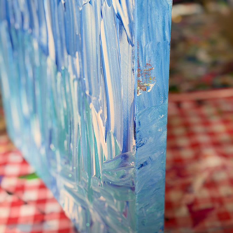 Beach, Original by Clara Woods — full painting on white background, landscape orientation showing the complete composition of sky blue, teal and white vertical strokes