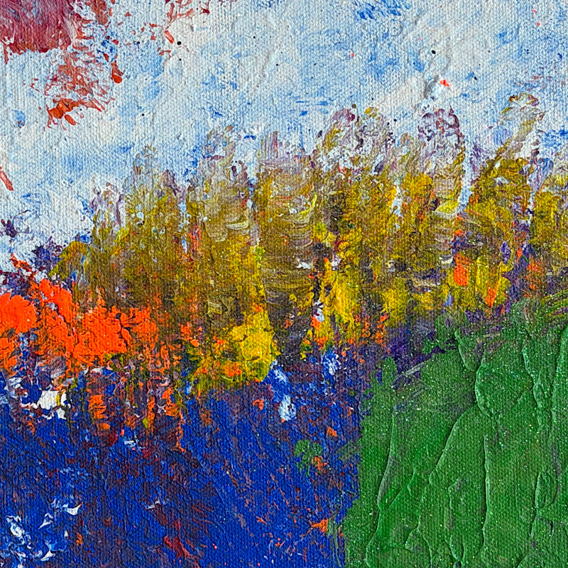Red Sea, Original by Clara Woods — 20x20 in acrylic on canvas, full painting on white background showing bold crimson, orange, pink, green, blue and yellow impasto brushstrokes
