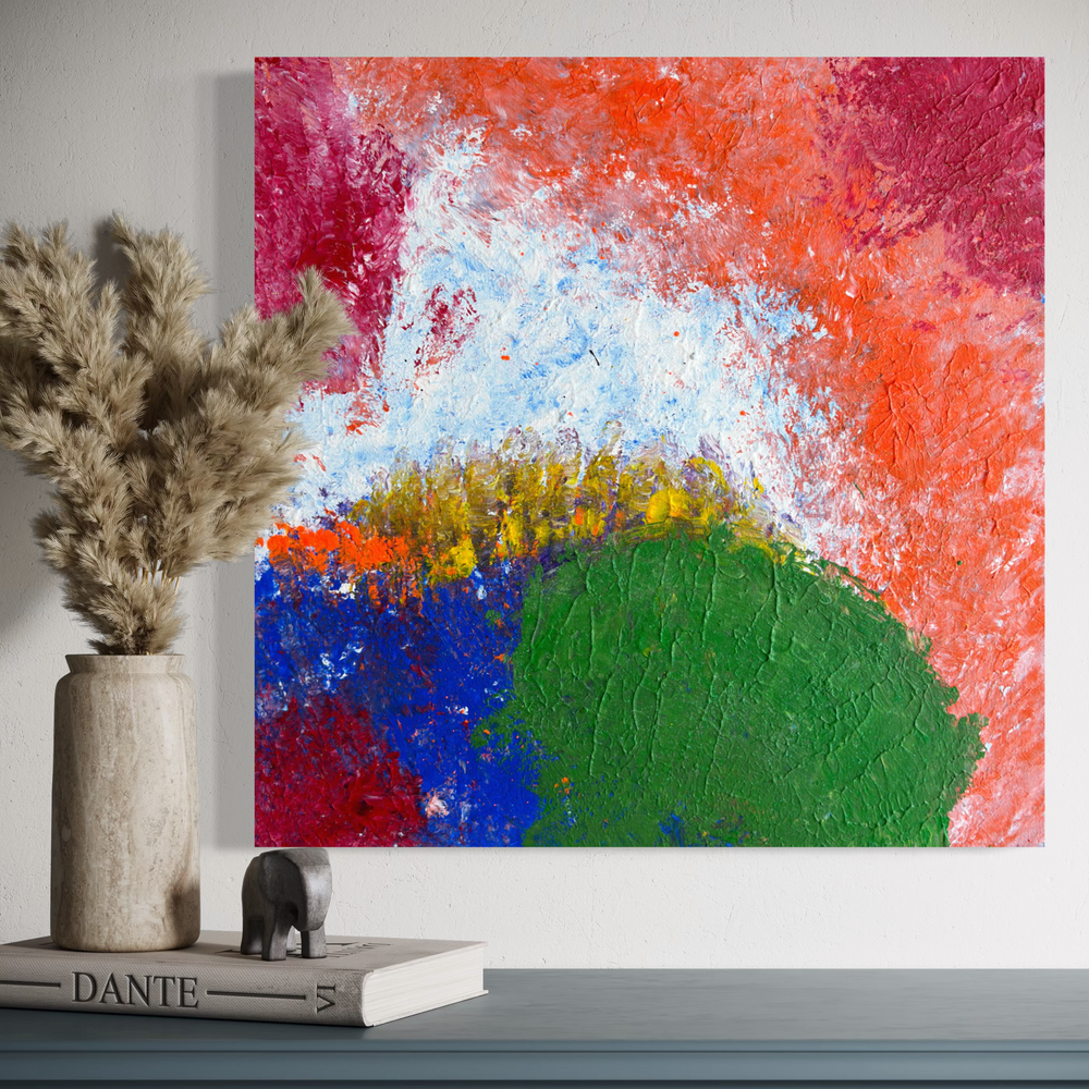 Red Sea, Original by Clara Woods — full painting displayed on a white background, square format showing the complete vibrant composition with green arc, blue, orange and magenta sections