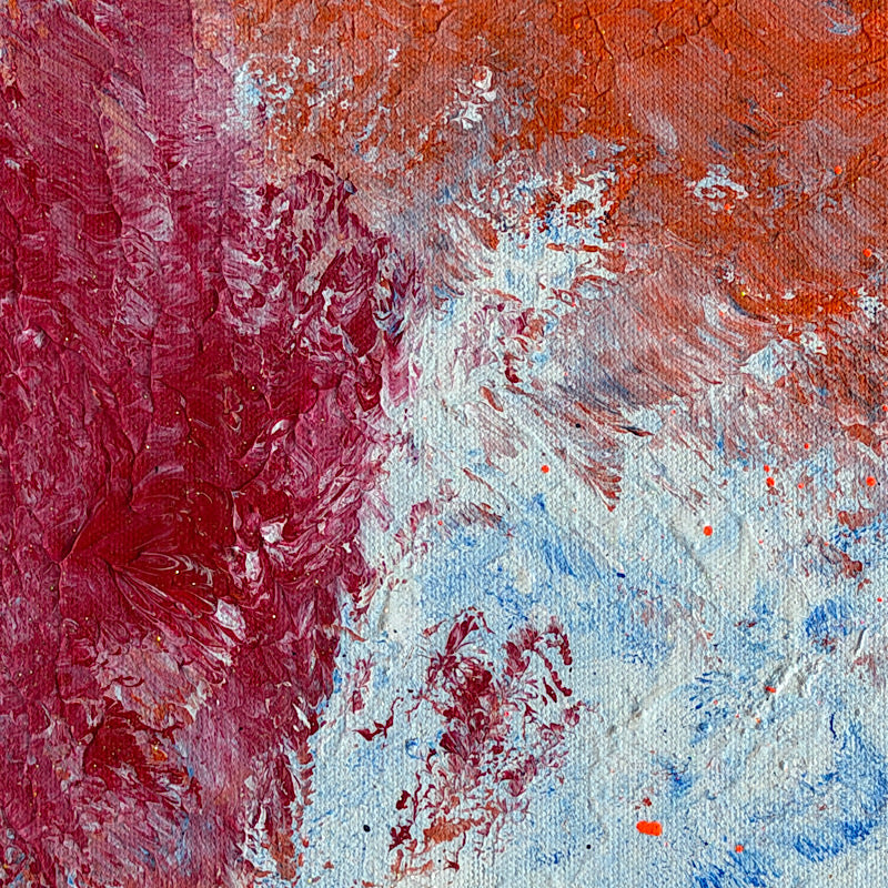 Red Sea, Original by Clara Woods — close-up texture detail of the crimson and magenta upper left section, thick impasto acrylic brushstrokes with white and pink highlights