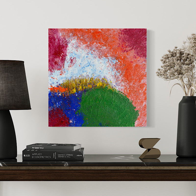 Red Sea, Original by Clara Woods — close-up of the lower section showing the green arc, cobalt blue and orange acrylic with yellow highlights and visible canvas texture