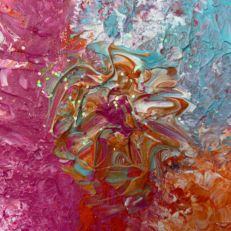 Beach Rose, Original by Clara Woods — full painting on white background, portrait format showing the complete composition with magenta, white, sky blue and orange impasto sections