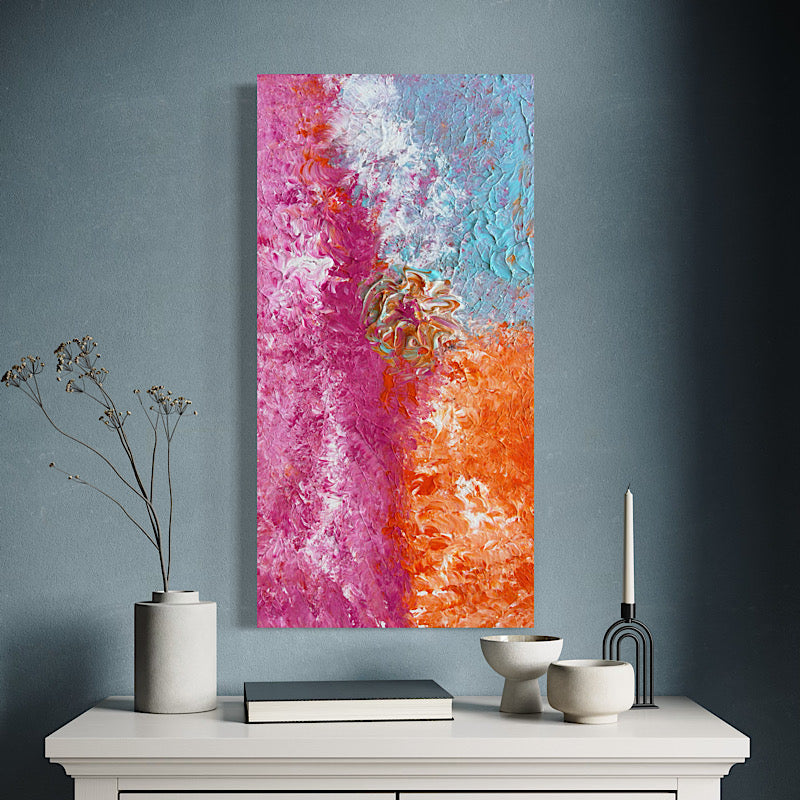 Beach Rose, Original by Clara Woods — close-up texture detail of the magenta left section, thick impasto acrylic brushstrokes with pink, white and orange highlights