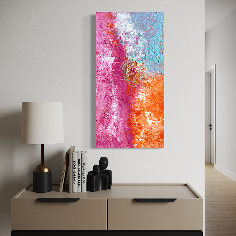 Beach Rose, Original by Clara Woods — macro detail of the white center burst and sky blue upper right, layered impasto strokes with teal and gold accents