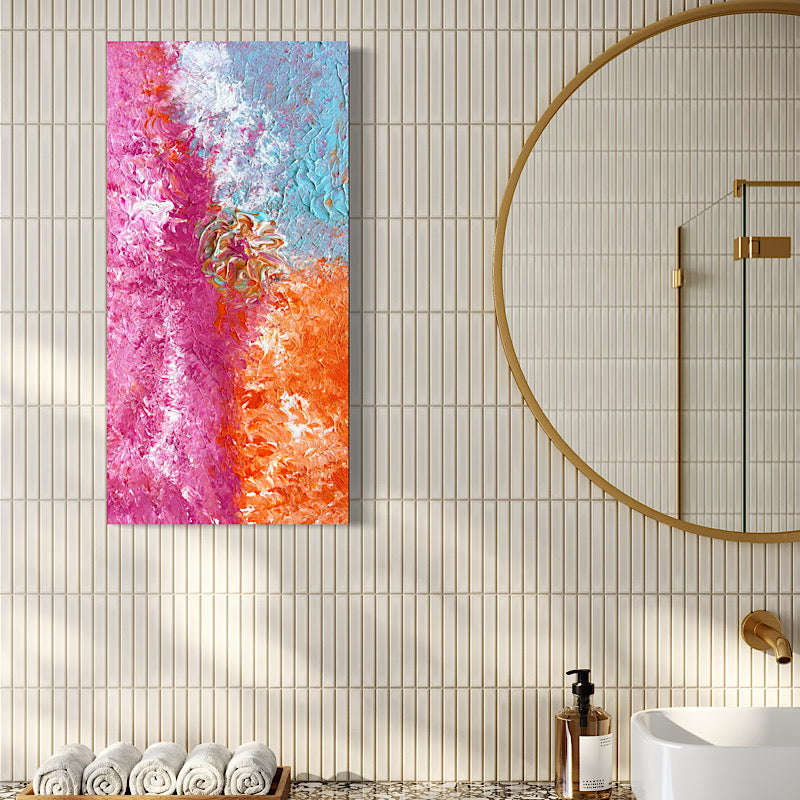 Beach Rose, Original by Clara Woods — side view of the canvas in the studio on a checkered tablecloth, showing the depth of the magenta and orange layered acrylic paint on the edges