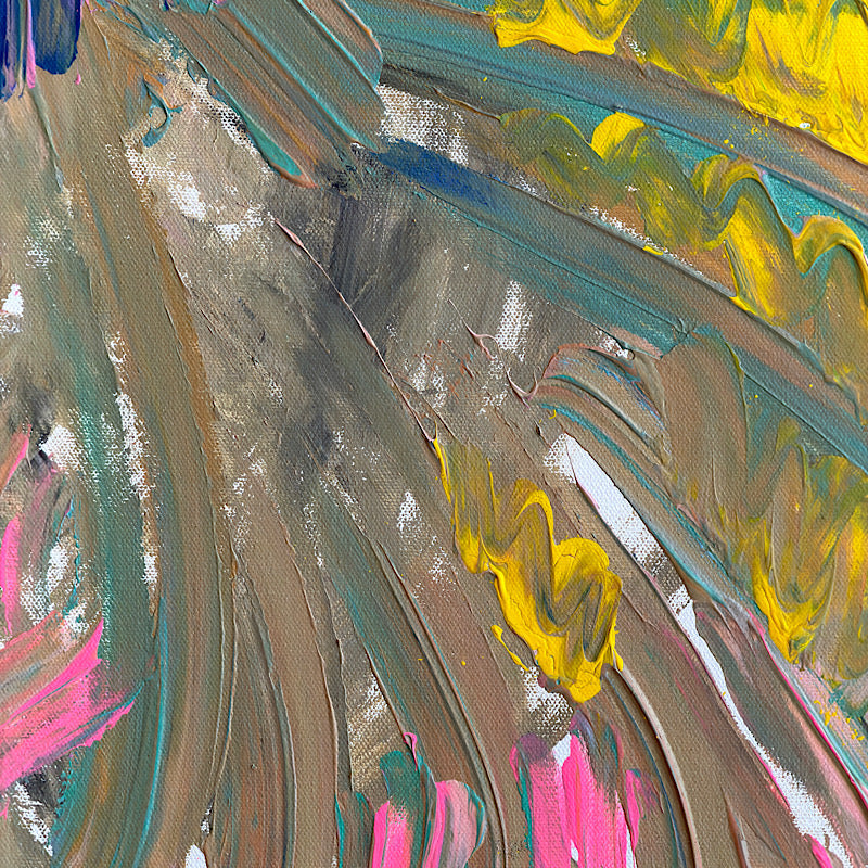 Coral Reef, Original by Clara Woods — 48x30 in acrylic on canvas, close-up detail of the starburst coral element in yellow, olive green and hot pink on a teal and grey background