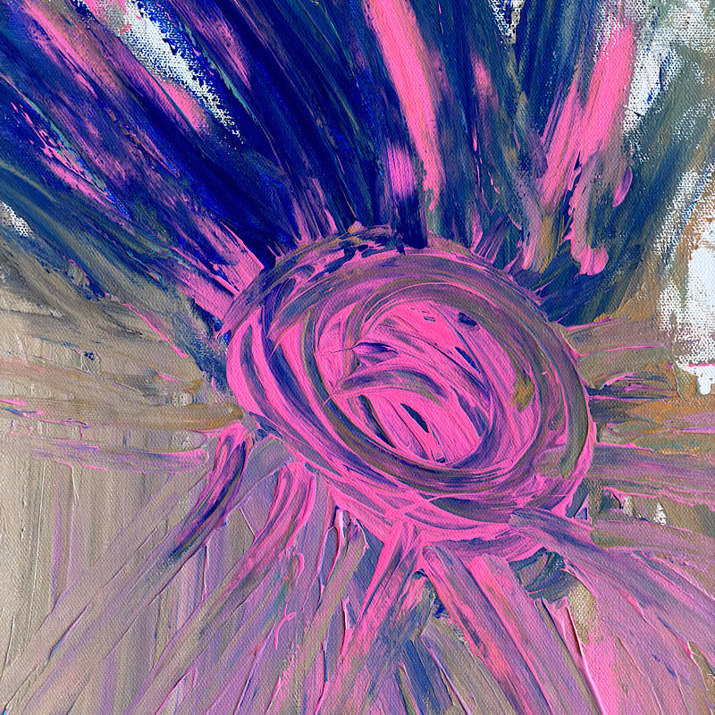 Coral Reef, Original by Clara Woods — side view of the canvas in the studio showing the teal painted edges and the depth of the layered pink, olive and teal acrylic paint