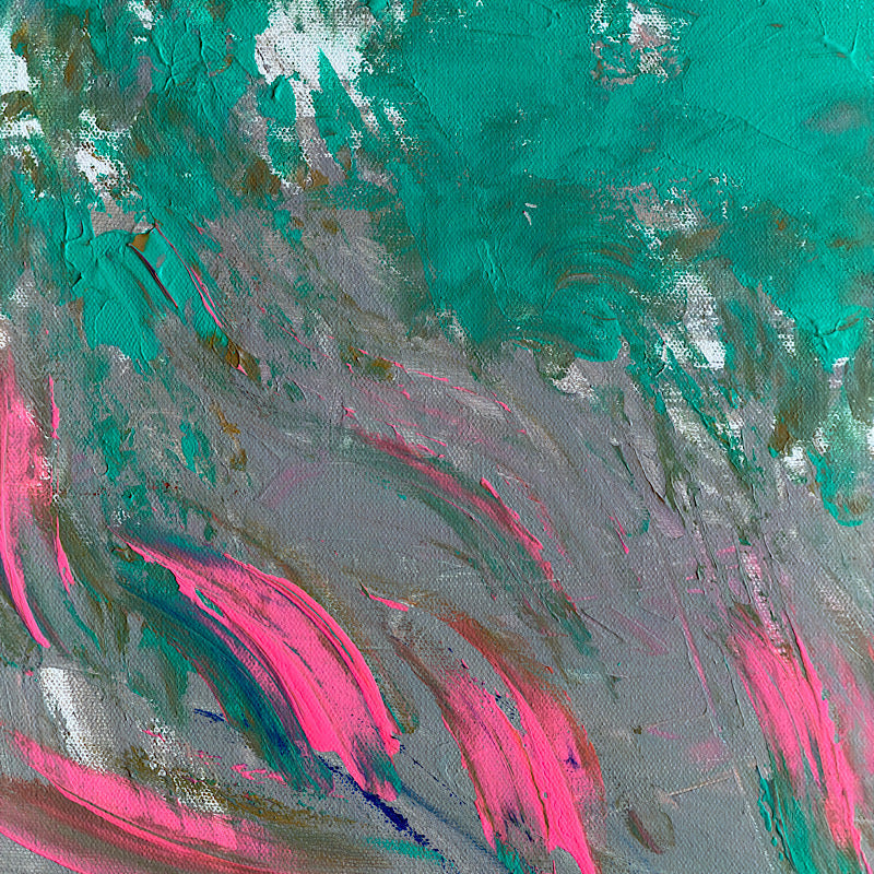 Coral Reef, Original by Clara Woods — full painting on white background, portrait format showing the complete composition with teal background, central pink and purple flower burst, yellow star accent and hot pink splashes