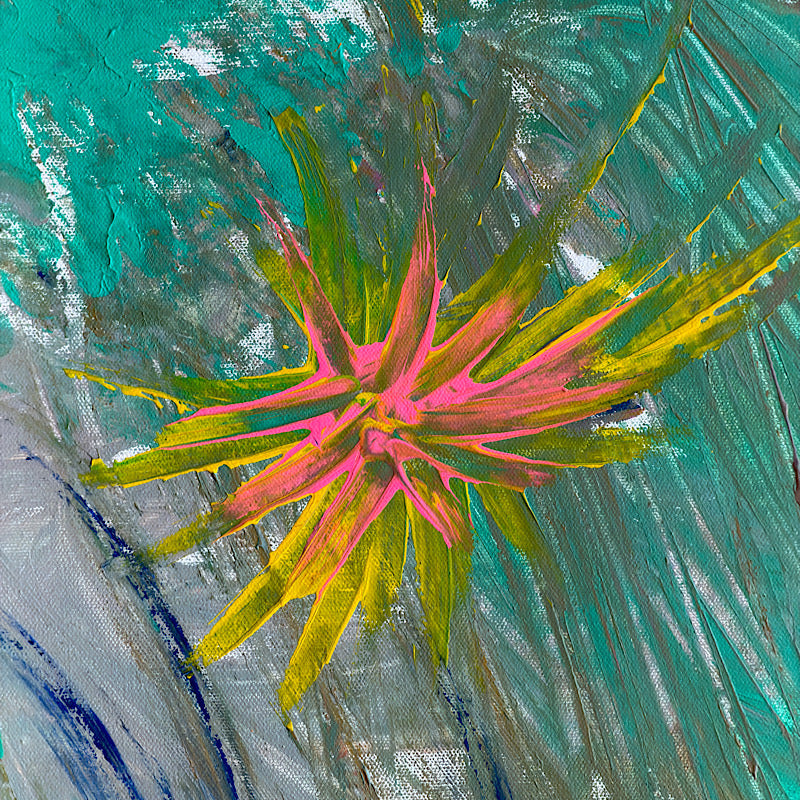 Coral Reef, Original by Clara Woods — displayed in a modern living room on a white wall between two grey armchairs and a black marble round table with a bronze sculpture, dramatic spotlighting